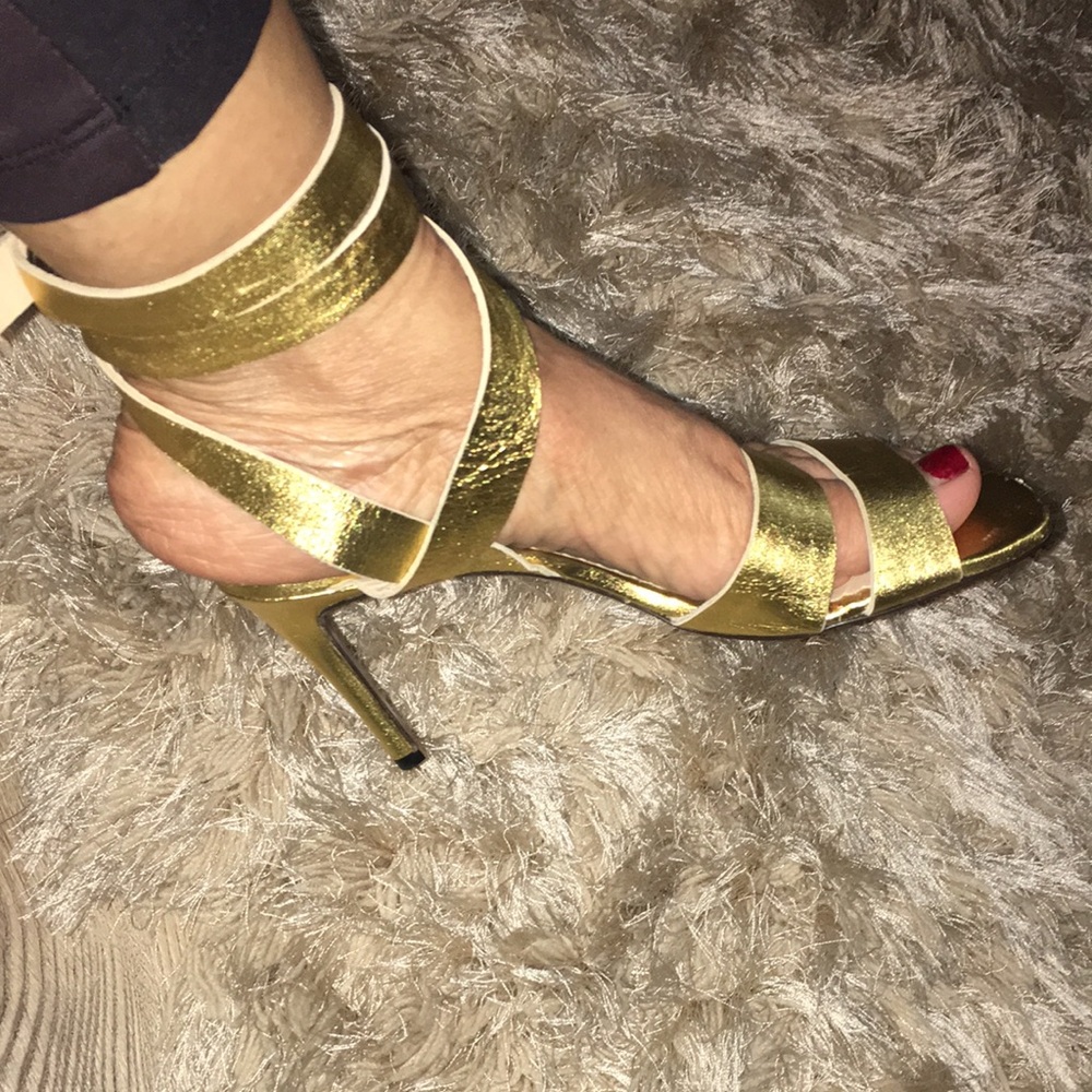 JILL STUART REAL LEATHER Gold Strappy Ankle-Wrap High Heel Sandals SIZE 7 US